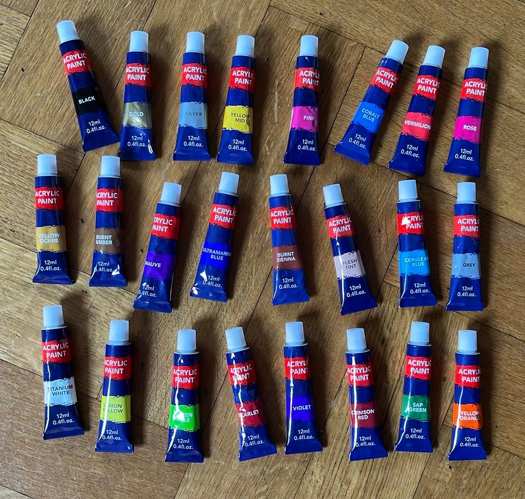 24 tubes acrylverf 12ml, Hobby en Vrije tijd, Schilderen, Ophalen of Verzenden, Zo goed als nieuw, Acrylverf
