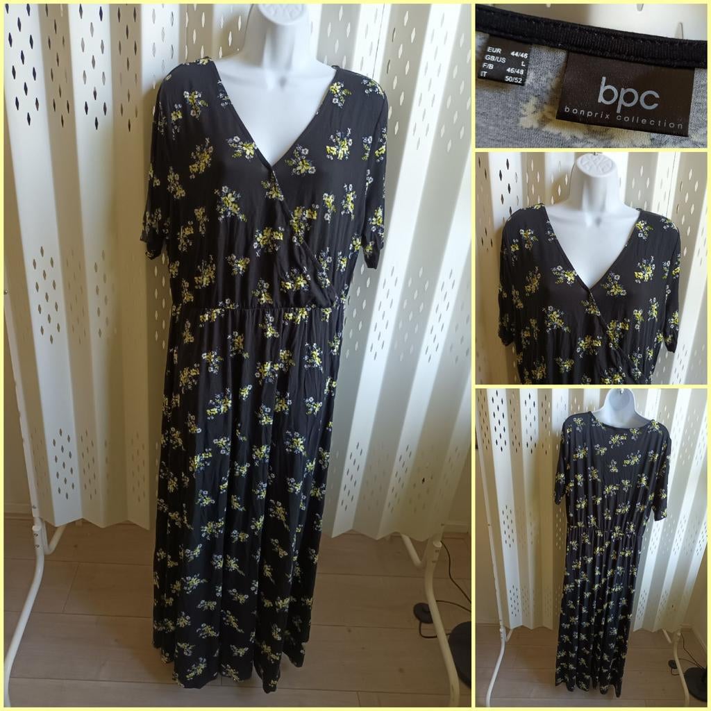 BPC zwarte maxidress met bloemenprint viscose stretch 44-46, Zwart, Maat 46/48 (XL) of groter, Nieuw, Ophalen of Verzenden