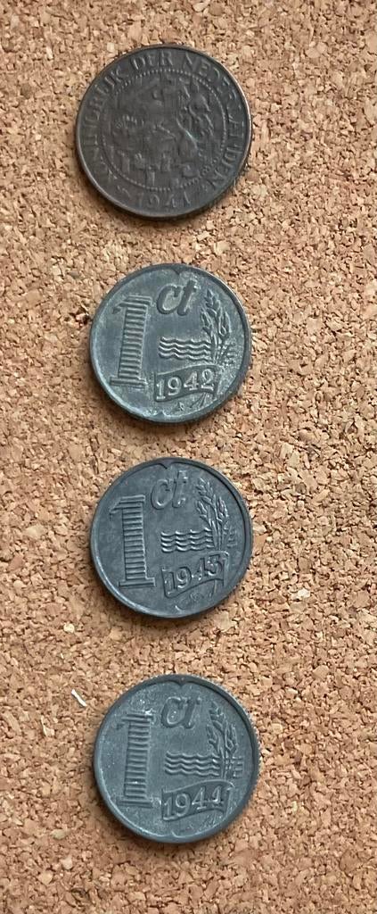 Oorlogs - Munten set - 4x 1 cent - 1941 1942 1943 1944, Postzegels en Munten, Munten | Nederland, Ophalen of Verzenden, Koningin Wilhelmina