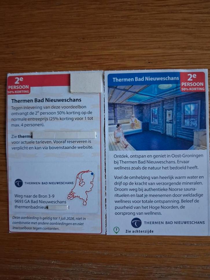 SAUNA THERMEN BAD NIEUWESCHANS 2E PERSOON 50% KORTING!, Tickets en Kaartjes, Kortingen en Cadeaubonnen, Twee personen, Spa of Sauna