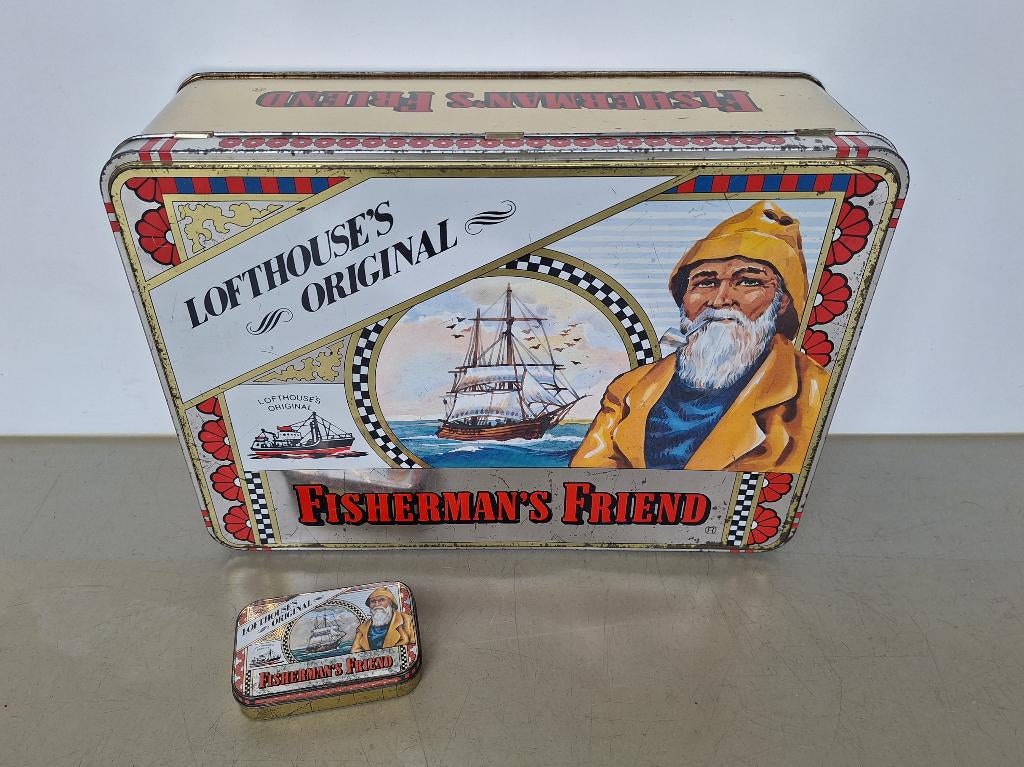 vintage groot Fisherman's Friend reclame blik winkel display, Ophalen of Verzenden, Gebruikt, Verpakking