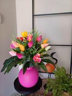 Zijden bloemen boeket met kleurrijke tulpen in roze vaas, Ophalen of Verzenden