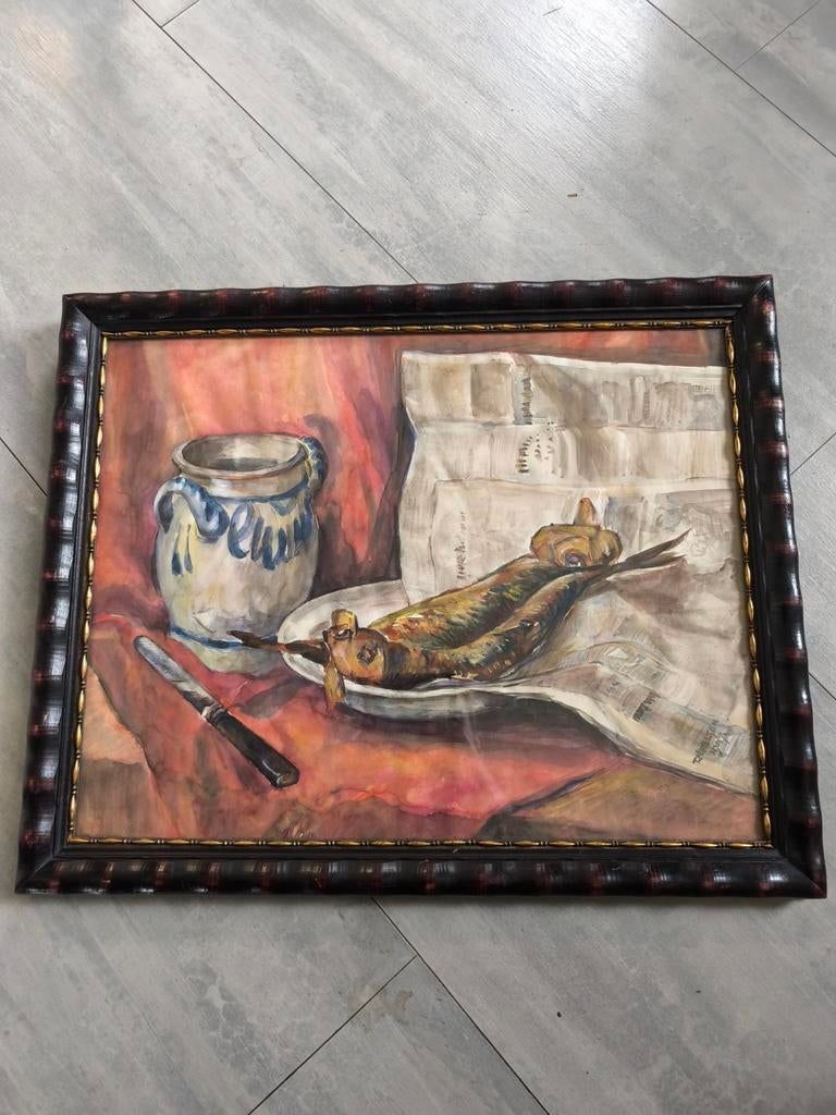 Aquarel Stilleven Haringen, Keulse Pot en Mes - 1947, Ophalen of Verzenden