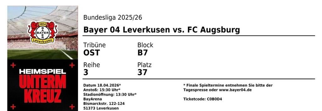 Bayer Leverkusen - FC Augsburg tickets 18 april Bundesliga, Tickets en Kaartjes, Twee personen