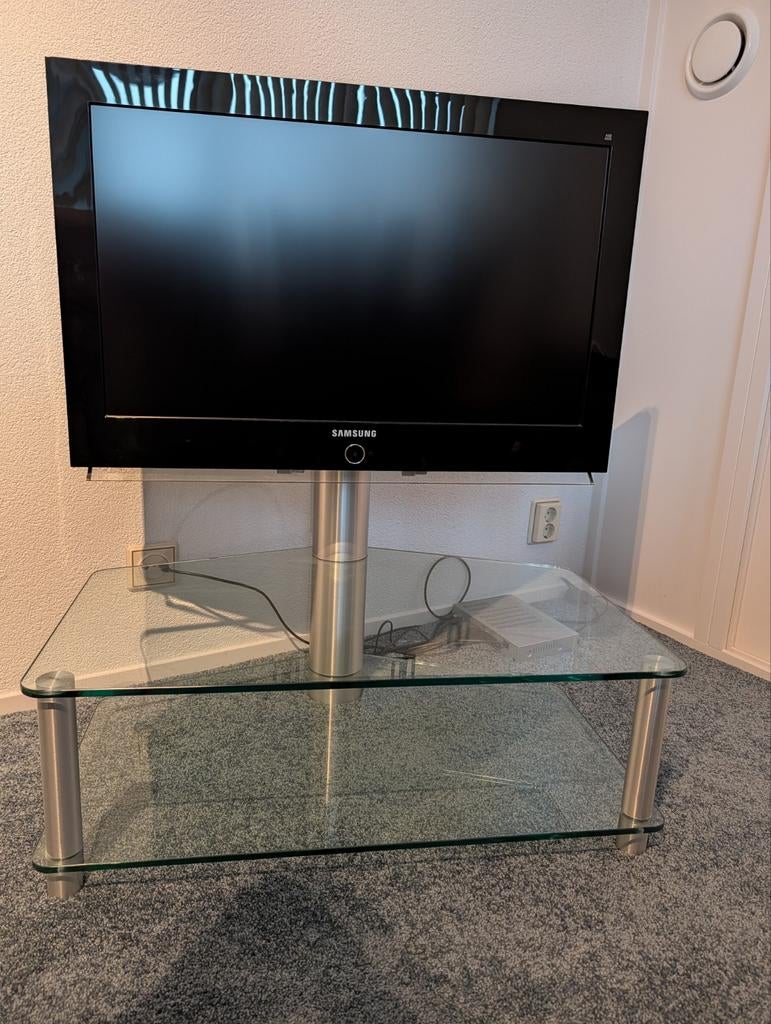 Spectral glazen TV meubel met draaibare kolom, Huis en Inrichting, Ophalen, 100 tot 150 cm, Zo goed als nieuw, Glas
