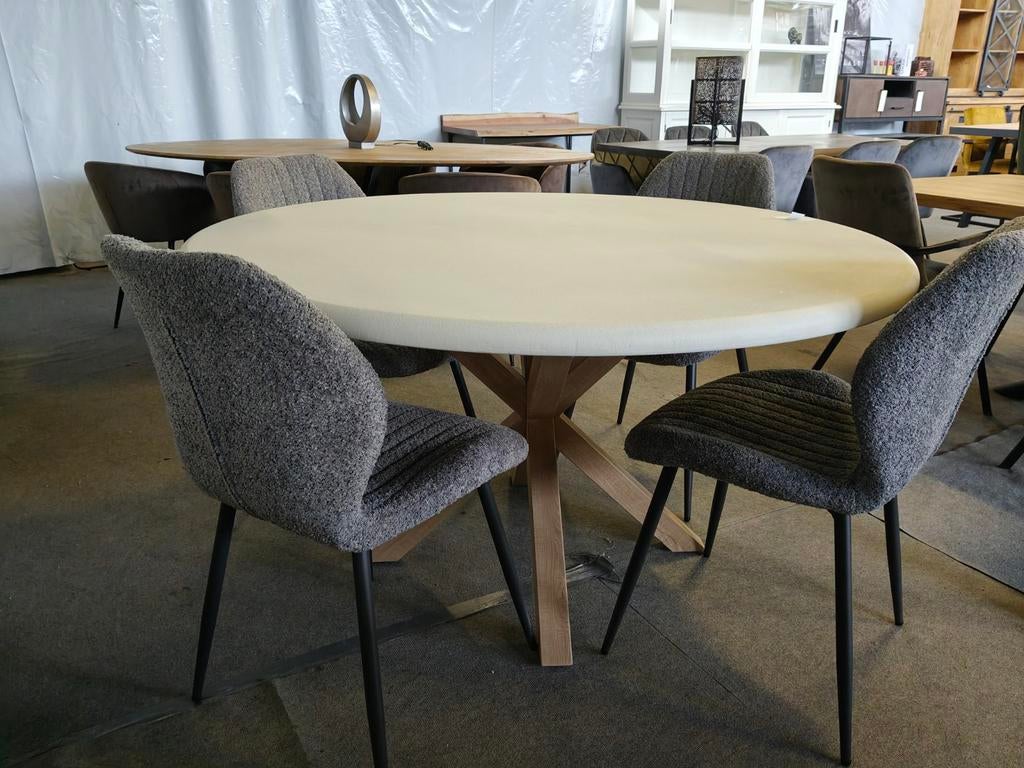 Unieke Ronde Mortex Eettafel 140cm met Houtlook Spinpoot, Ophalen, Nieuw