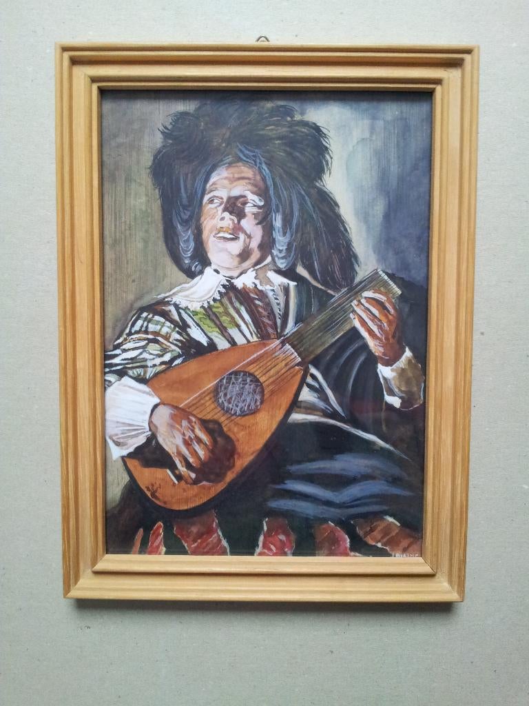 Schilderij op papier Troubadour, Luitspeler J Rietmeijer '41, Antiek en Kunst, Ophalen of Verzenden