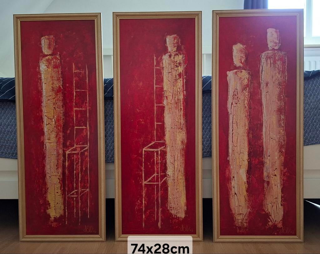 Set van 3 abstracte schilderijen, rood en goud, Ophalen