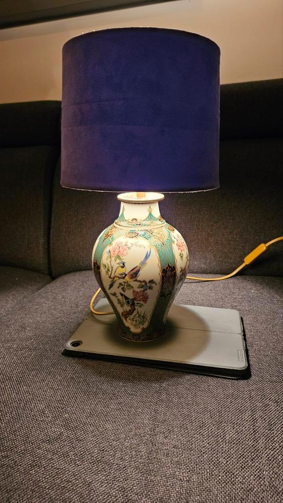 Unieke vaaslamp met fluwelen kap, Huis en Inrichting, Lampen | Vloerlampen, Gebruikt, Minder dan 100 cm, Glas, Stof, Ophalen of Verzenden