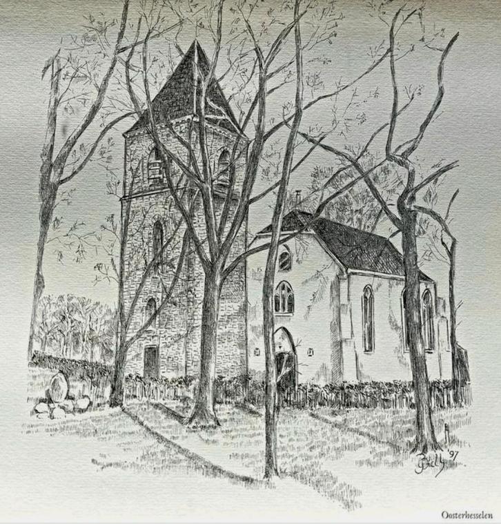Kerk Oosterhesselen .... Yvonne Brill .... Inkttekening..., Antiek en Kunst, Kunst | Tekeningen en Foto's, Ophalen of Verzenden
