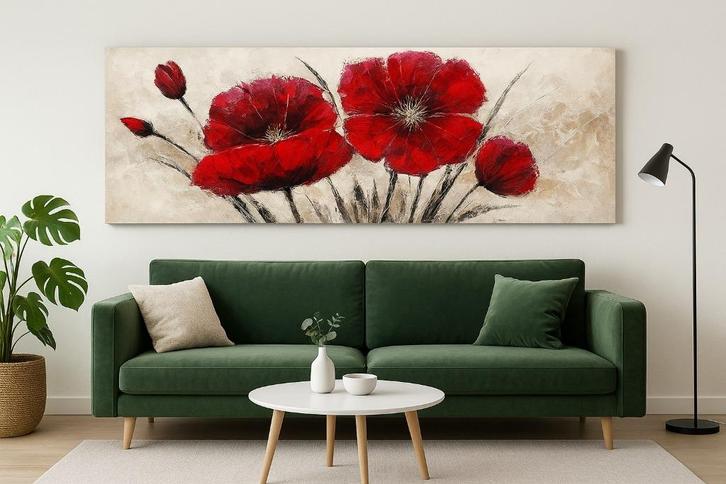 bloemenschilderij op canvas met grote rode klaprozen, Huis en Inrichting, Woonaccessoires | Schilderijen, Tekeningen en Foto's