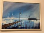 Schilderij olieverf, visser op boot 40x60, Ophalen