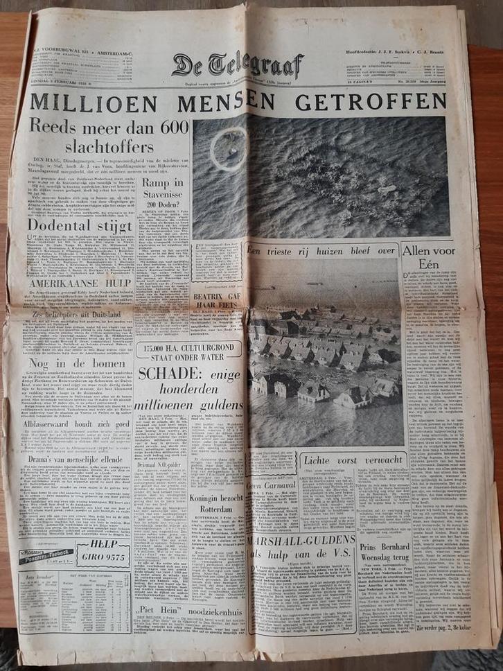 Telegraaf 1953 - Watersnoodramp, Antiek en Kunst, Antiek | Bestek, Ophalen of Verzenden