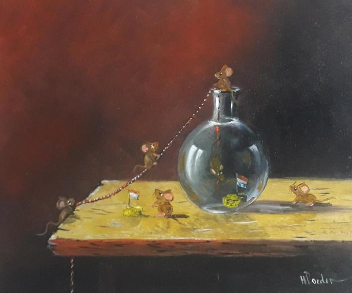 STILLEVEN SLIMME MUISJES VINDEN LEKKERE KAAS🐭🧀HENK POEDER, Antiek en Kunst, Kunst | Schilderijen | Klassiek, Ophalen of Verzenden