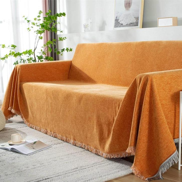 Chenille oranje woondeken 180x340cm met franjes - NIEUW, Huis en Inrichting, Woonaccessoires | Plaids en Woondekens, Nieuw, Ophalen of Verzenden