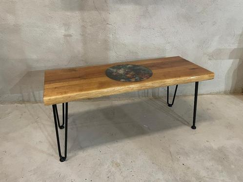 Bijzettafel "Stilleven met bloemen" epoxy eiken salontafel, Huis en Inrichting, Tafels | Bijzettafels, Nieuw, Rechthoekig, Minder dan 45 cm