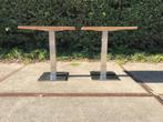 2x massief eiken satelliet terras / tuin tafels op RVS voet, Ophalen, Zo goed als nieuw, Rechthoekig
