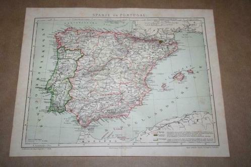Antieke kaart - Spanje en Portugal - 1885 !!, Boeken, Atlassen en Landkaarten, Gelezen, Spanje, Ophalen of Verzenden