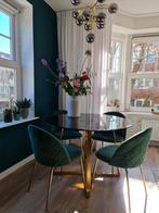 Glazen tafel met 4 stoelen gouden poten., Huis en Inrichting, Stoelen, Ophalen, Gebruikt, Vier