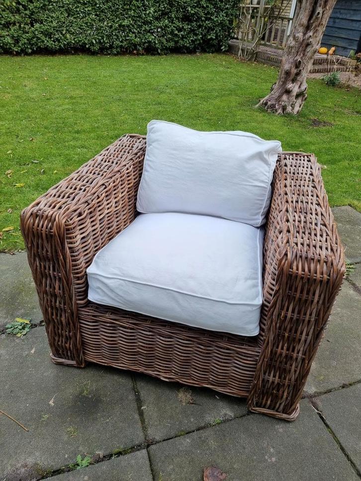 Rotan fauteuil, Huis en Inrichting, Fauteuils, Gebruikt, Riet of Rotan, Stof, 75 tot 100 cm, 75 tot 100 cm, Ophalen