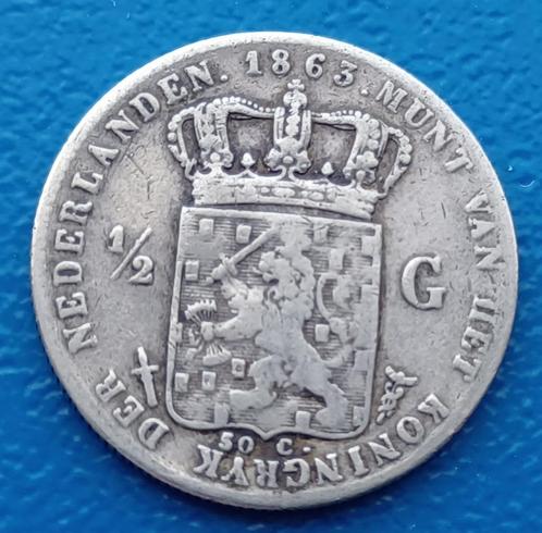 1/2 gulden 1863 - Willem III (b), Postzegels en Munten, Munten | Nederland, Losse munt, ½ gulden, Koning Willem III, Zilver, Verzenden