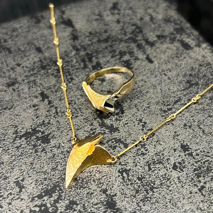 14k gouden ketting met ring set nugget schakel, Sieraden, Tassen en Uiterlijk, Kettingen, Nieuw, Goud, Ophalen of Verzenden