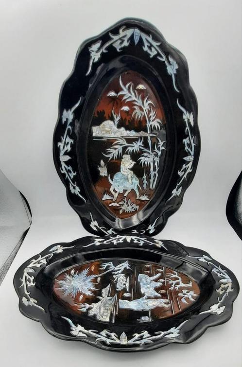 2 Antieke gelakte Schalen - Met Parelmoer inleg - Azie, Antiek en Kunst, Antiek | Schalen, Ophalen of Verzenden
