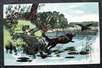 De hond trekt de jager het water in bij de jacht op de eend, Verzamelen, Ansichtkaarten | Themakaarten, Verzenden, Voor 1920, Ongelopen