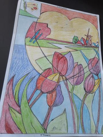TEKENING getekend door Teun Sepers, Tulpen, Molen. ❤️ beschikbaar voor biedingen