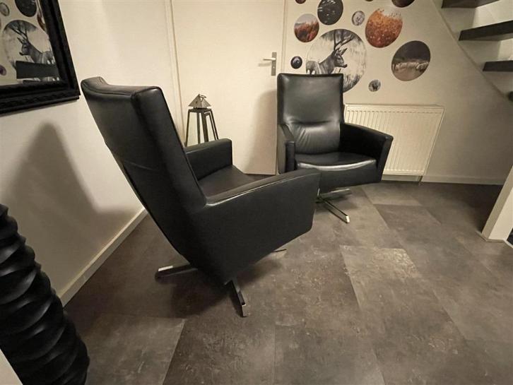 Fauteuils, leer en staal, zwart, Huis en Inrichting, Fauteuils, Gebruikt, Leer, 50 tot 75 cm, 75 tot 100 cm, Ophalen