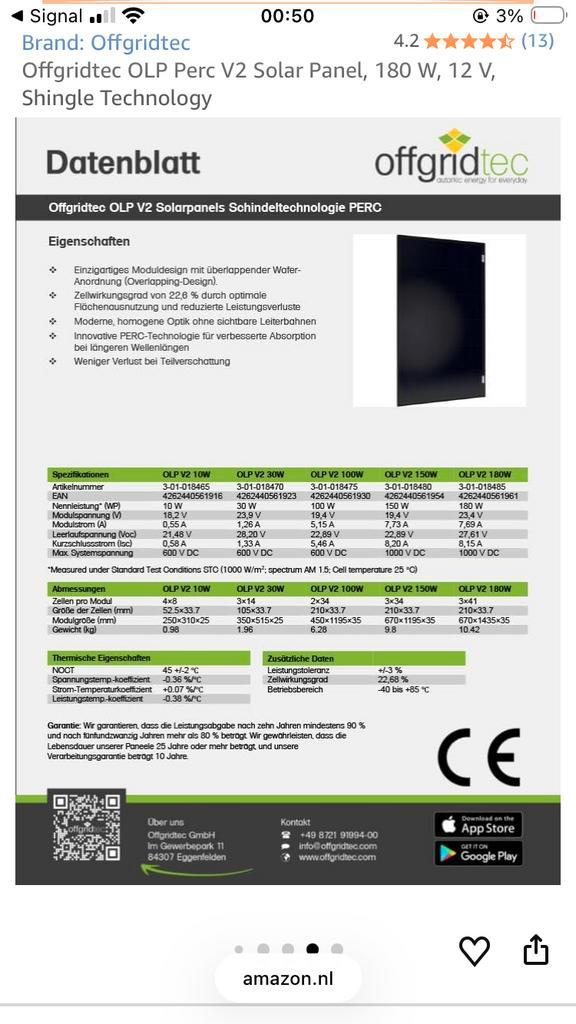 Zonnepaneel - Offgridtec OLP Perc V2 Solar Panel, 180 W,12 V, Caravans en Kamperen, Camper-accessoires, Nieuw, Ophalen of Verzenden