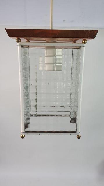 Vintage hanglamp, metalen vierkant, 4 glazen platen. S31 beschikbaar voor biedingen