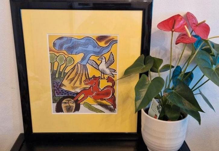 "Femme avec cheval et oiseau près d’un volcan" van Corneile, Antiek en Kunst, Kunst | Overige Kunst, Ophalen of Verzenden