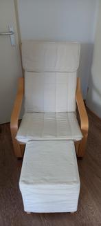 poang fauteuil en voetenbankje, witte stof licht hout, Ophalen, Zo goed als nieuw, Hout