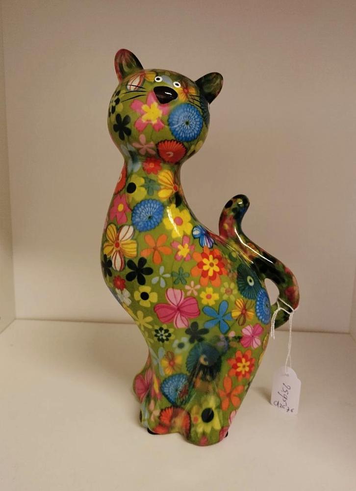Spaarpot kat bloemen keramiek - hippie retro vrolijk groen, Verzamelen, Spaarpotten, Nieuw, Dier, Steen, Aardewerk of Keramiek