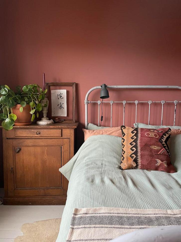 Antiek Frans ijzeren spijlenbed - Twijfelaar, Huis en Inrichting, Slaapkamer | Bedden, Gebruikt, Twijfelaar, 120 cm, 200 cm, Metaal