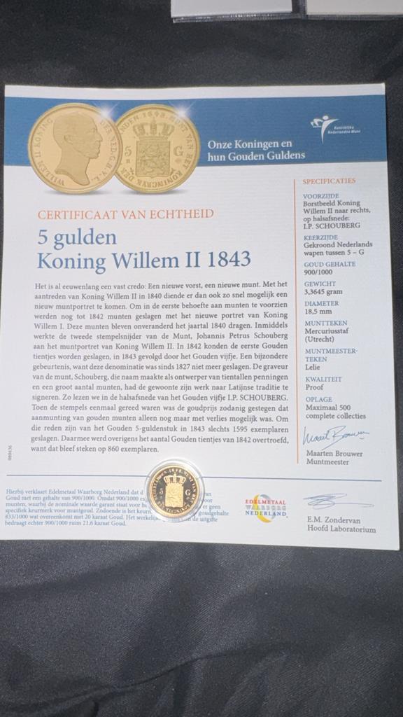 5 Gulden Willem II 1843 met Certificaat - Zeldzaam!, 5 gulden, Losse munt, Koning Willem II, Goud