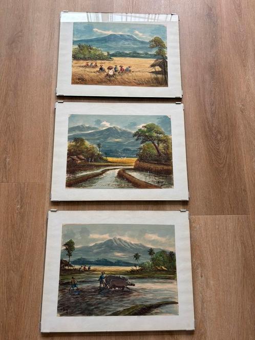 Drie gesigneerd Aquarel Nederlands Indië wanddecoratie, Antiek en Kunst, Kunst | Tekeningen en Foto's, Ophalen of Verzenden