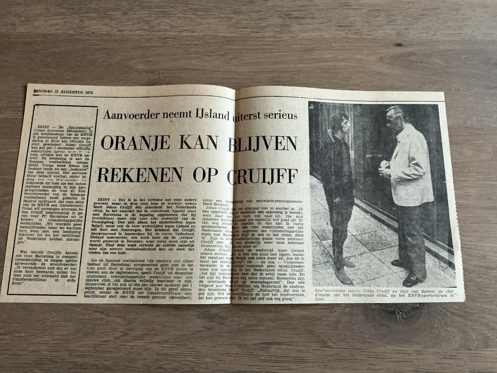 Voetbal krantenartikel Cruijff Nederland IJsland aug 1973, Ophalen of Verzenden, 1960 tot 1980, Knipsel(s)