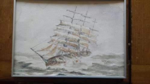 aquarel driemaster zeilschip gesigneerd., Antiek en Kunst, Ophalen