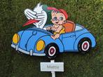 Geboortebord baby en ooievaar in blauwe auto., Ophalen, Nieuw, Geboortebord