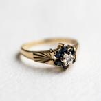 Vintage 9K gouden cluster ring met Saffier & diamant - 16,75, Sieraden, Tassen en Uiterlijk, Ringen, Ophalen of Verzenden, Met edelsteen