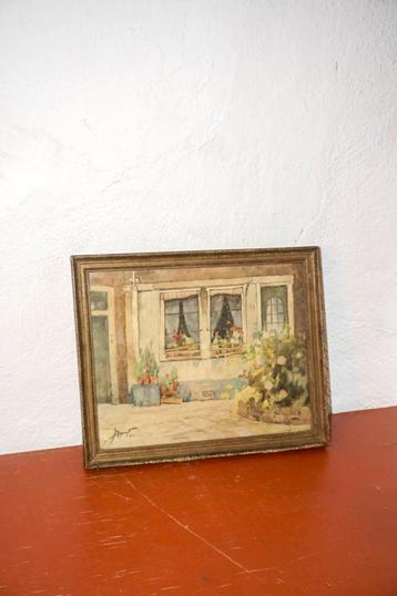 Gesigneerde Amsterdamse aquarel uit 1943 * geraniums en kant beschikbaar voor biedingen