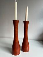 Vintage 2 Hoog Deens Teakhouten Kandelaren Messing Houder, Huis en Inrichting, Woonaccessoires | Kandelaars en Kaarsen, Ophalen of Verzenden