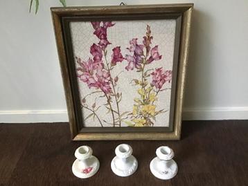 Rosenthal wandtegel met bloemdecor + 3 Rosenthal kandelaars beschikbaar voor biedingen