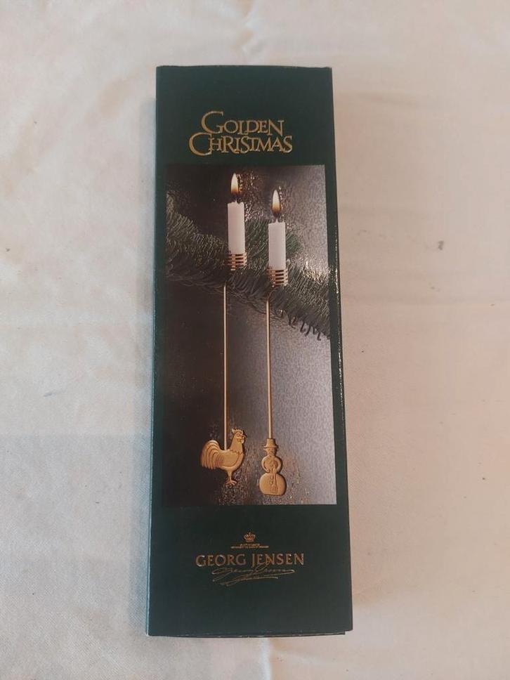 Georg Jensen gouden kaarsenhouders haan en sneeuwpop, Diversen, Kerst, Gebruikt, Ophalen of Verzenden