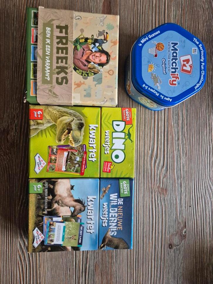 Spellenpakket: Freeks, Dino Kwartet, Matchify & meer!, Hobby en Vrije tijd, Gezelschapsspellen | Bordspellen, Gebruikt, Een of twee spelers
