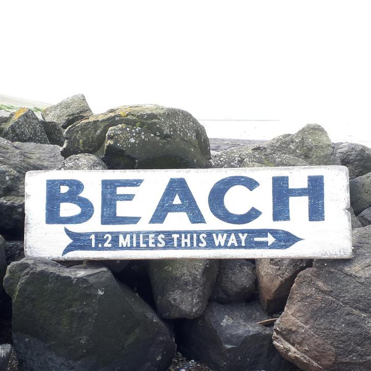 Handgeschilderd houten tekstbord / Beach / strand / zee, Huis en Inrichting, Woonaccessoires | Wanddecoraties, Zo goed als nieuw