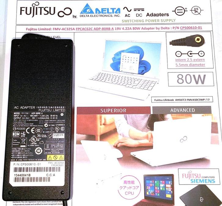 Fujitsu CP500610-01 19V 4.22A 80W Adapter Oplader ADP-80RB A, Computers en Software, Laptop-opladers, Zo goed als nieuw, Ophalen of Verzenden