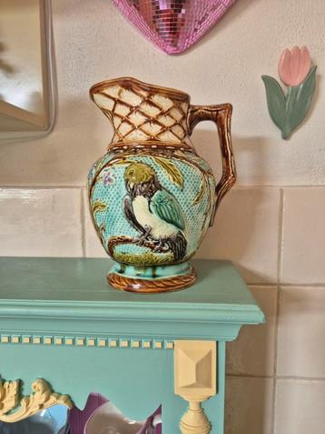 Antieke Barbotine kan 19e eeuw majolica vogel antiek beschikbaar voor biedingen